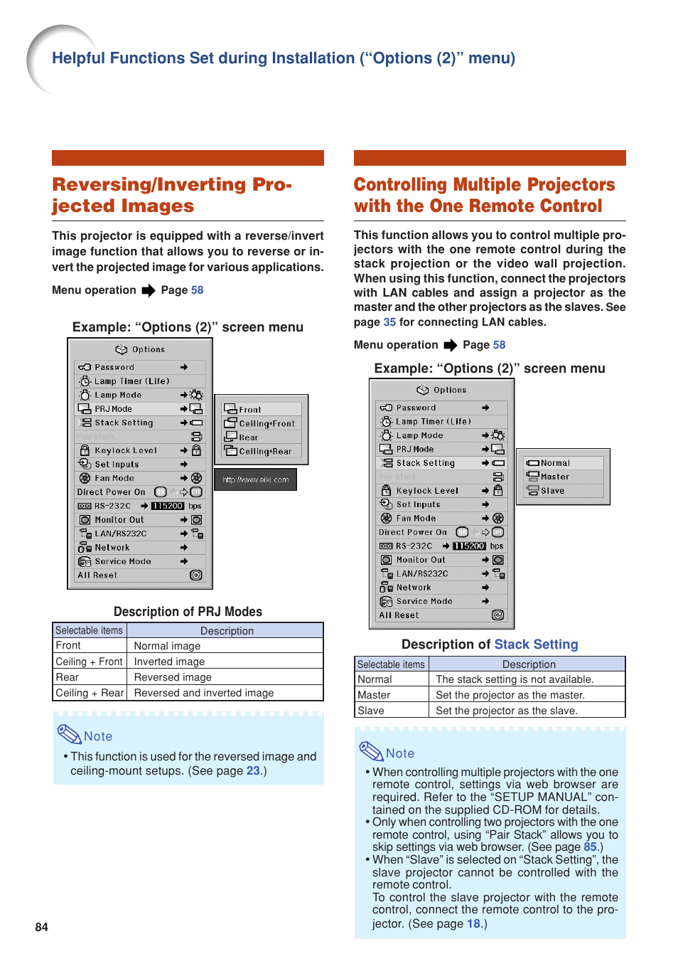 Reversing/inverting projected images, Remote control, For use of this function | Reversing/inverting pro- jected images | Eiki DLP Projector EIP-5000 User Manual | Page 86 / 109