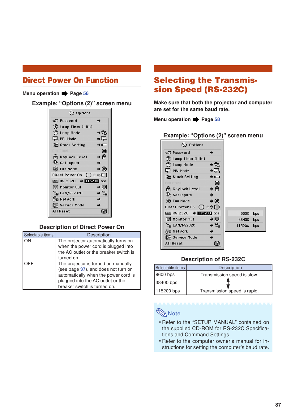 Direct power on function, Selecting the transmission speed (rs-232c), Selecting the transmis- sion speed (rs-232c) | Eiki DLP Projector EIP-5000 User Manual | Page 89 / 109