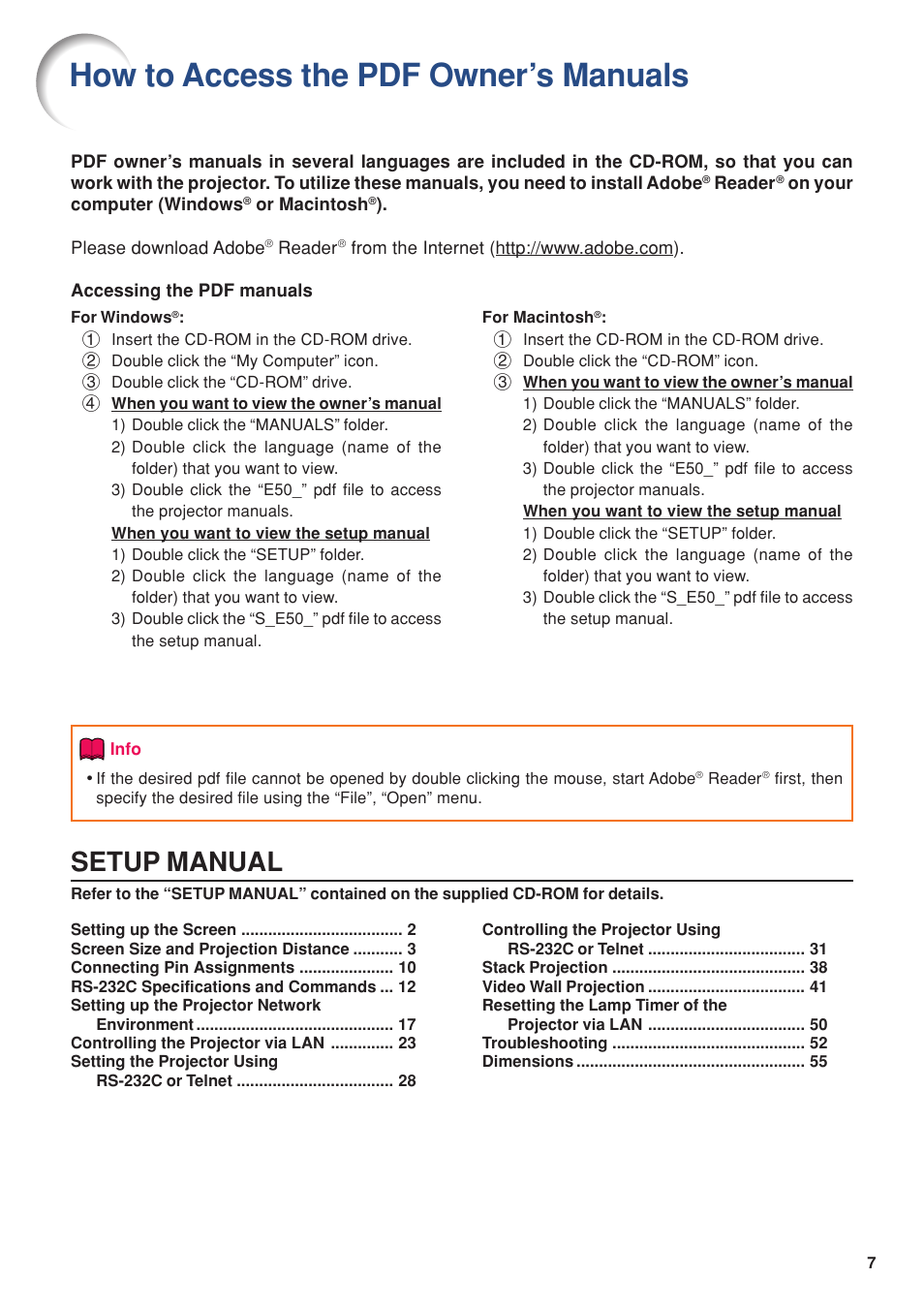 How to access the pdf owner’s manual, How to access the pdf owner’s manuals, Setup manual | Eiki DLP Projector EIP-5000 User Manual | Page 9 / 109