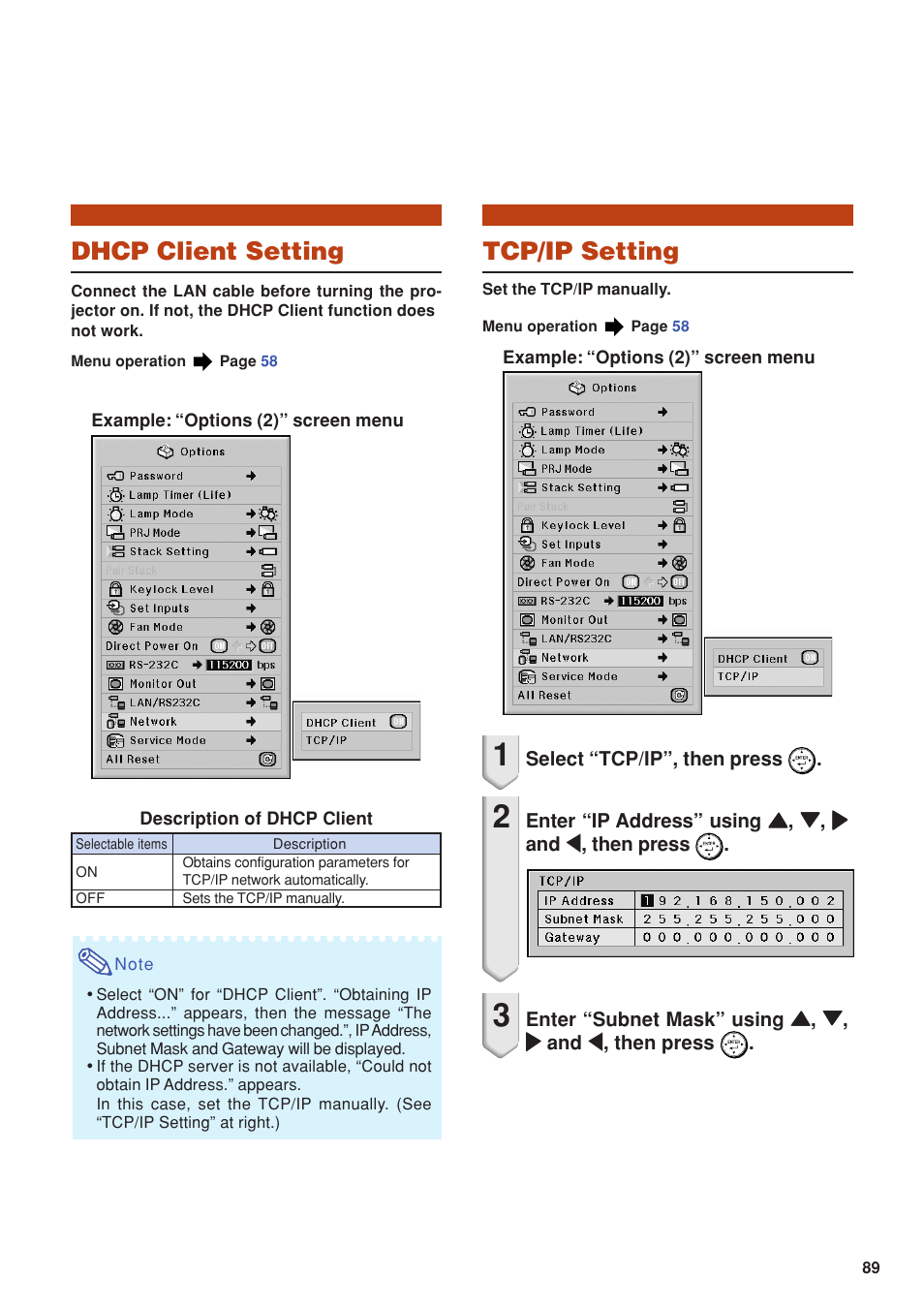 Dhcp client setting, Tcp/ip setting, Dhcp client setting tcp/ip setting | Eiki DLP Projector EIP-5000 User Manual | Page 91 / 109