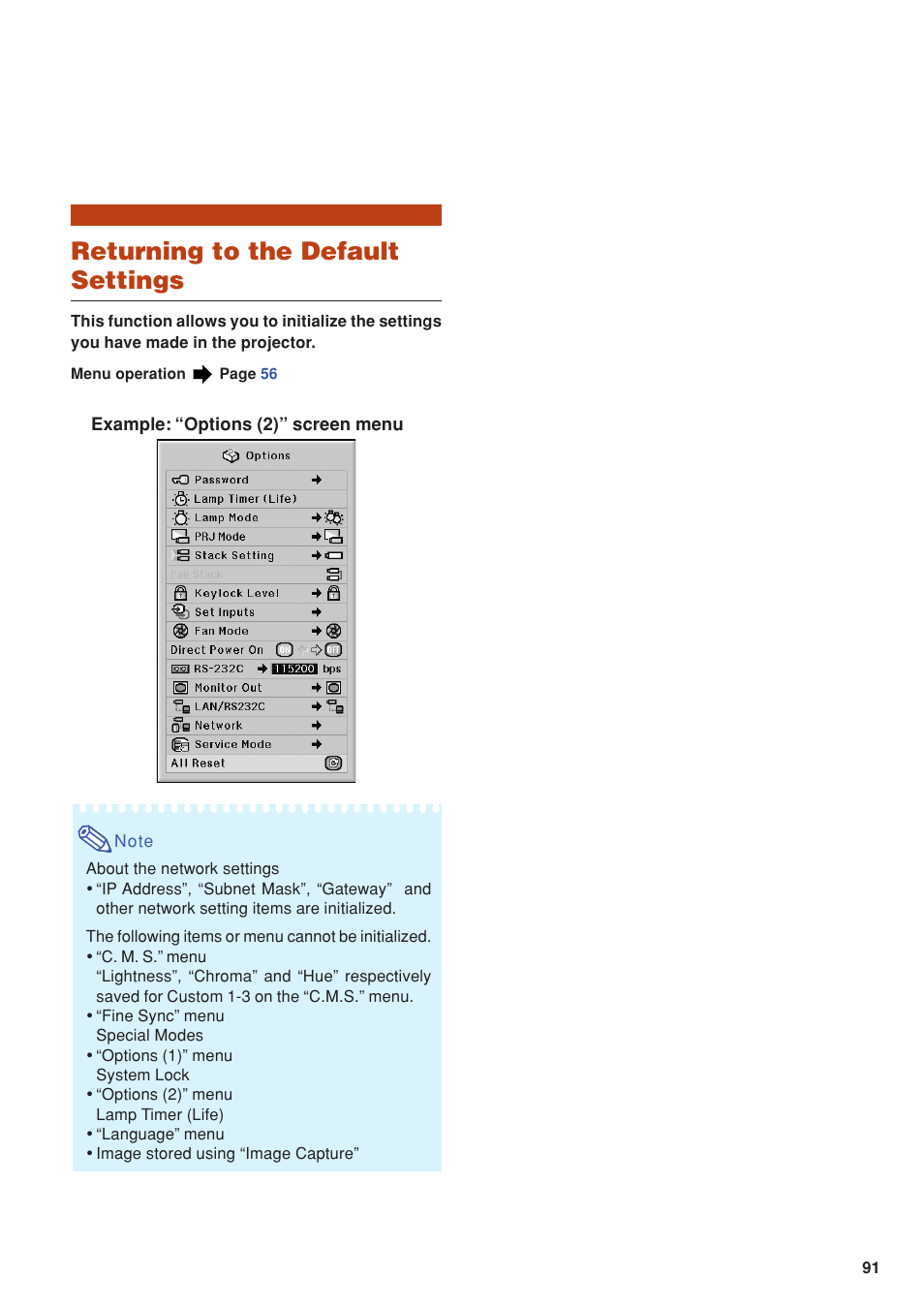 Returning to the default settings | Eiki DLP Projector EIP-5000 User Manual | Page 93 / 109