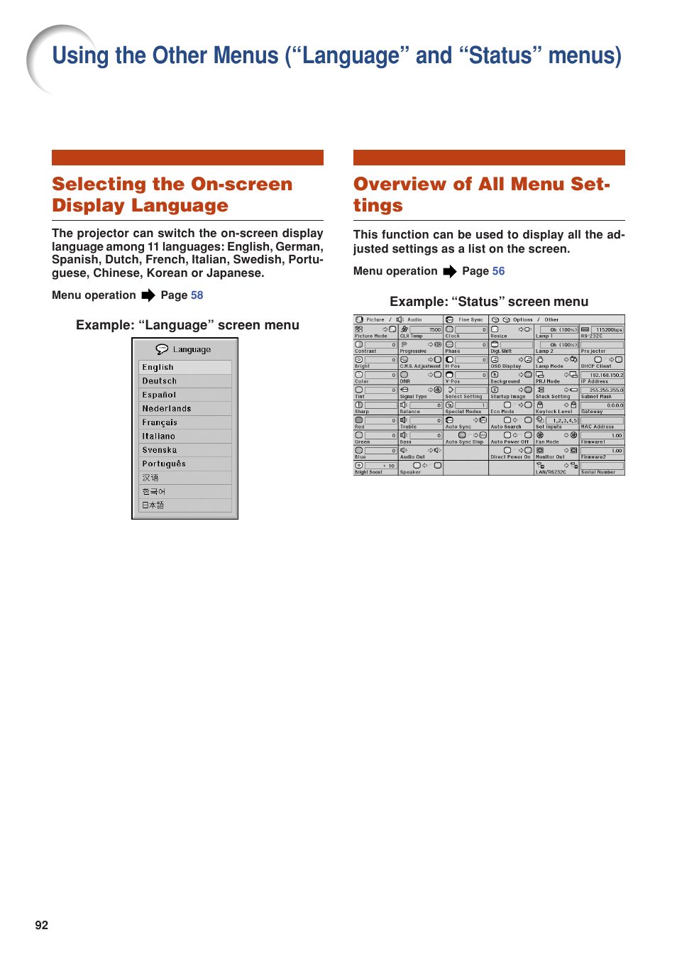 Selecting the on-screen display language, Overview of all menu settings, Using the other menus (“language” and | Status” menus), Overview of all menu set- tings | Eiki DLP Projector EIP-5000 User Manual | Page 94 / 109