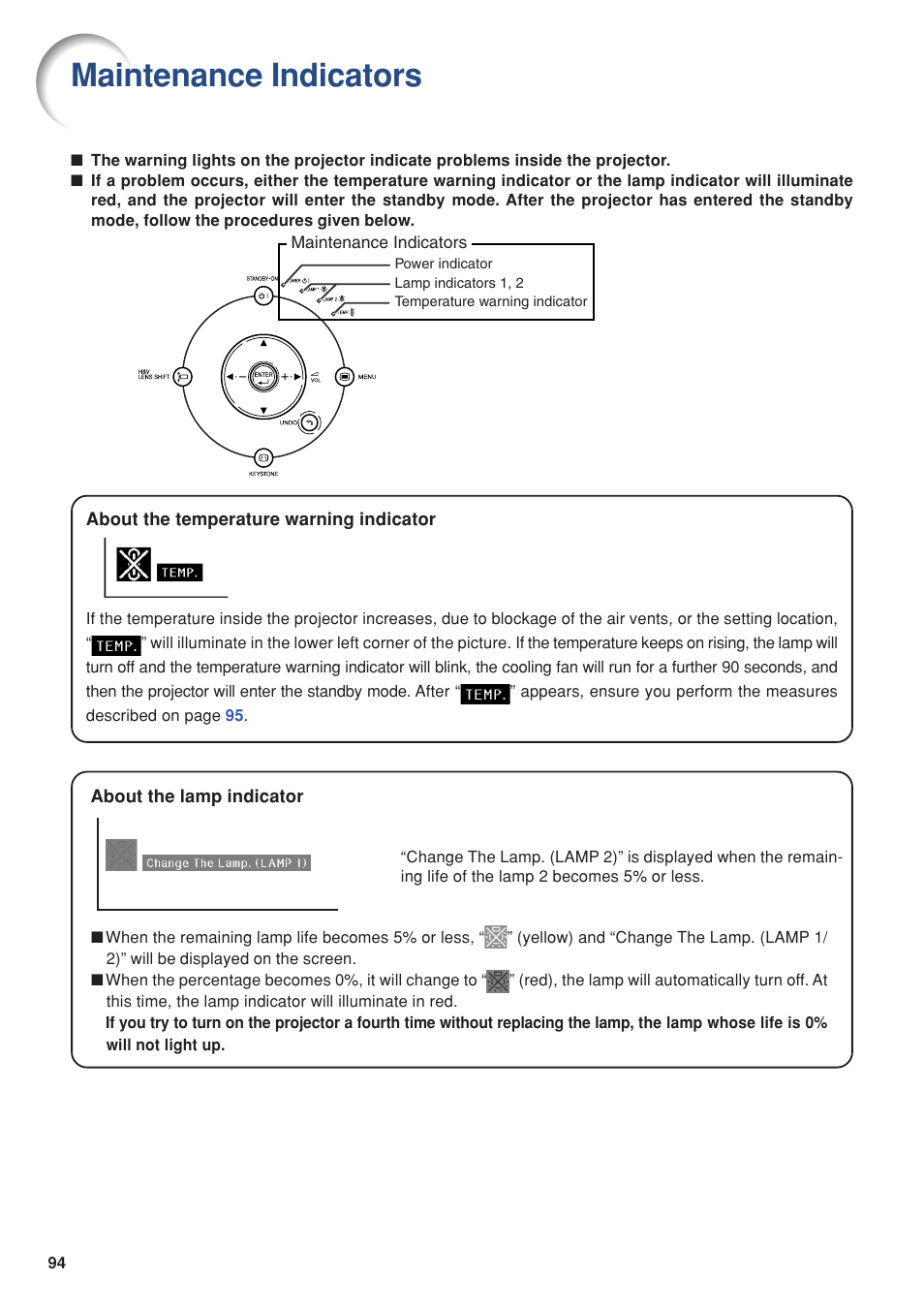 Maintenance indicators | Eiki DLP Projector EIP-5000 User Manual | Page 96 / 109
