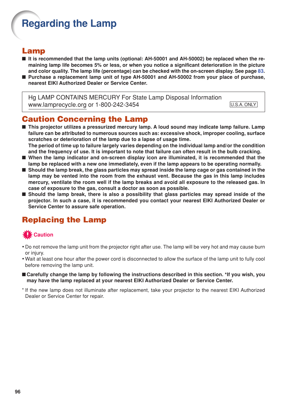 Regarding the lamp, Lamp, Caution concerning the lamp | Replacing the lamp | Eiki DLP Projector EIP-5000 User Manual | Page 98 / 109