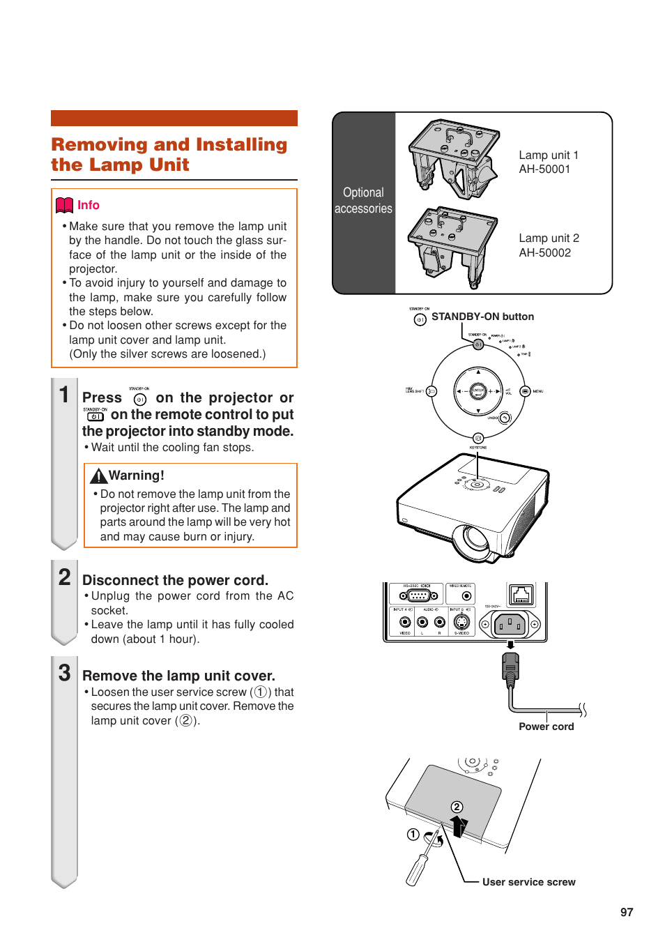 Removing and installing the lamp unit | Eiki DLP Projector EIP-5000 User Manual | Page 99 / 109