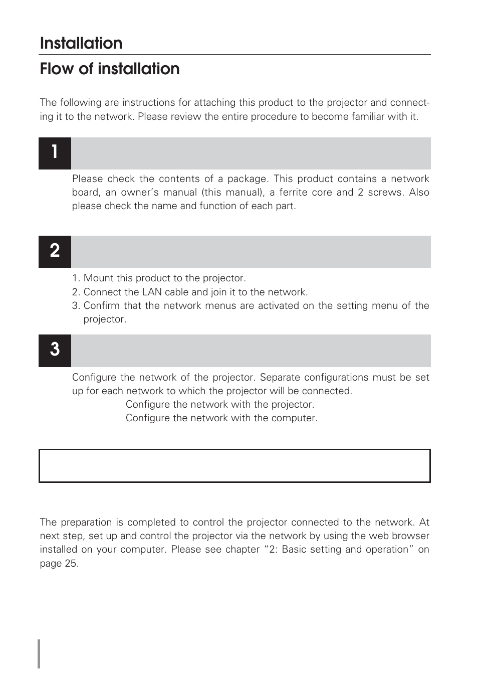 Flow of installation, Installation, Check package | Network configuration | Eiki Network Board MD13NET User Manual | Page 10 / 92