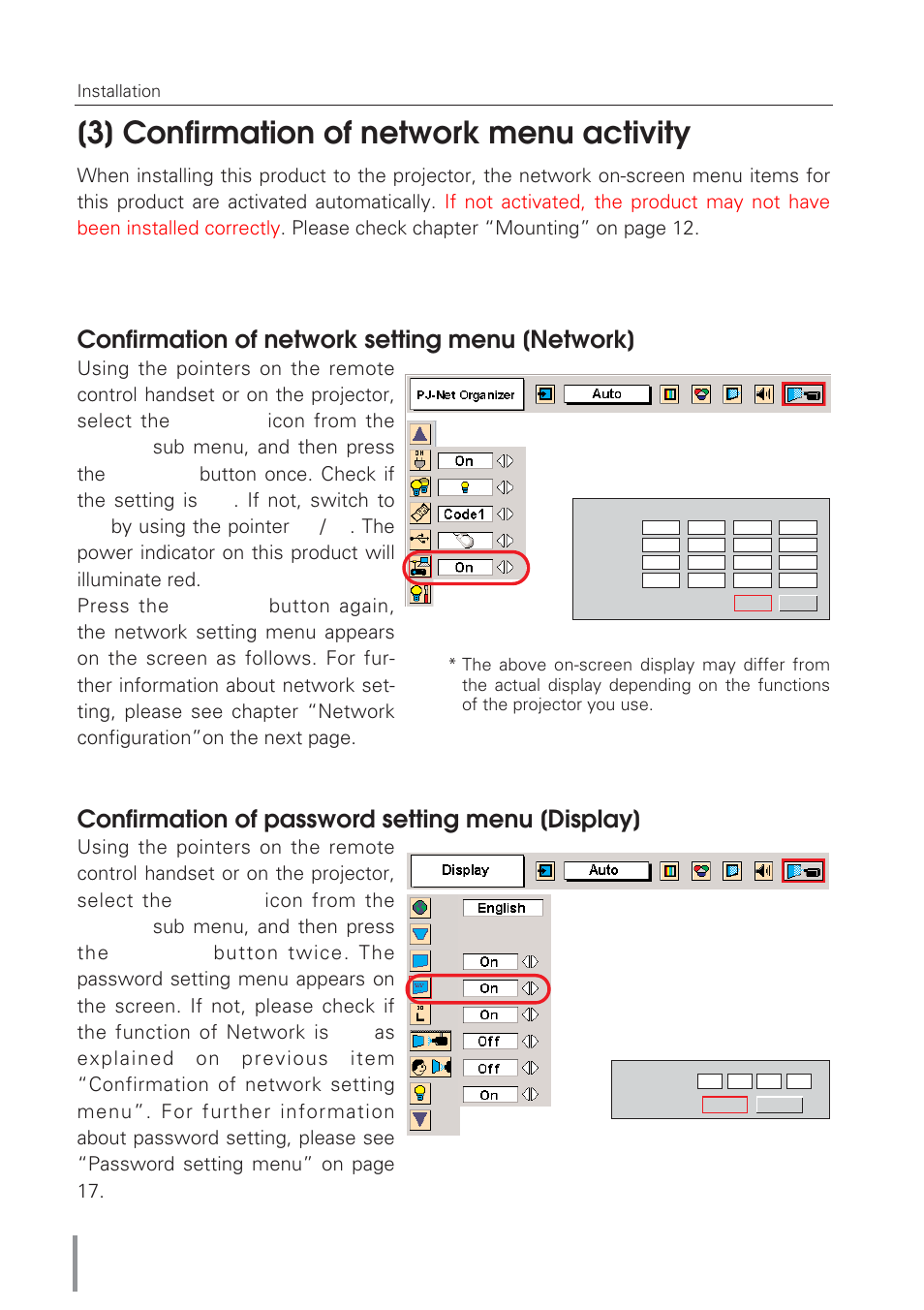 3] confirmation of network, 3] confirmation of network menu activity, Confirmation of network setting menu [network | Confirmation of password setting menu [display | Eiki Network Board MD13NET User Manual | Page 14 / 92