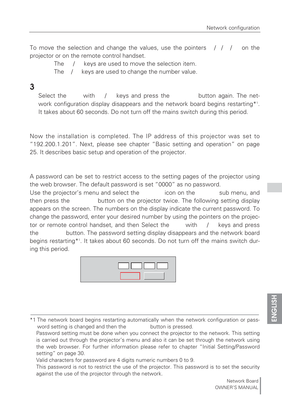 Completing of installation, Password setting menu [display | Eiki Network Board MD13NET User Manual | Page 17 / 92