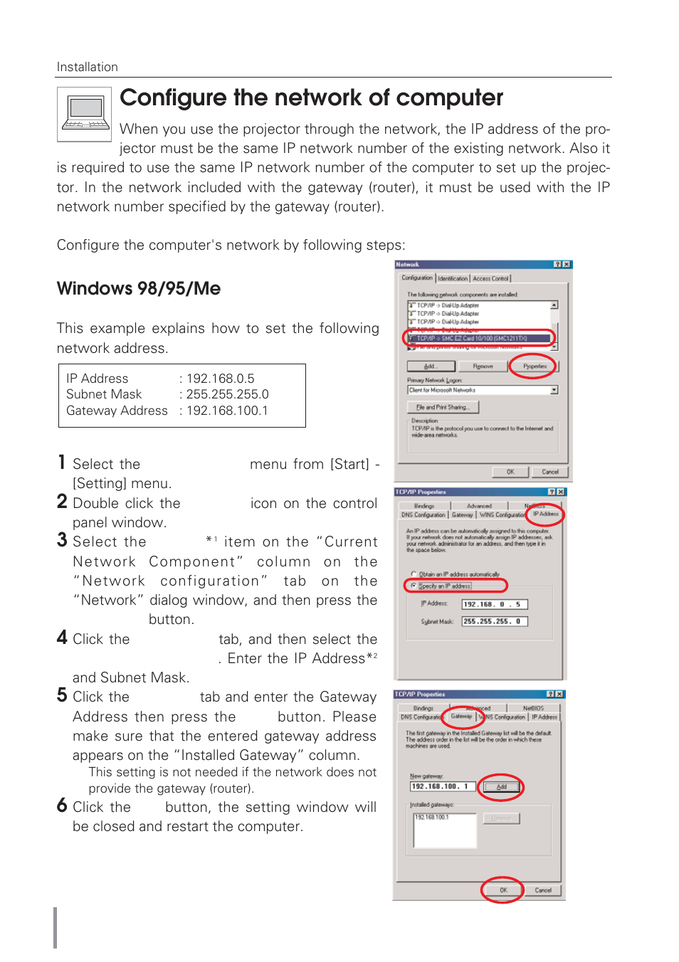Configure the network of co, Windows 98/95/me, Configure the network of computer | Eiki Network Board MD13NET User Manual | Page 20 / 92