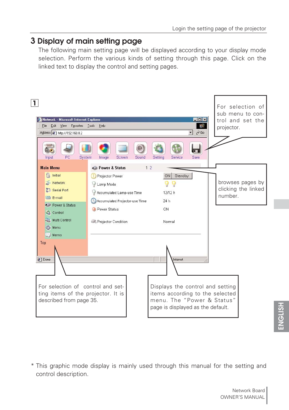 Display of main setting page | Eiki Network Board MD13NET User Manual | Page 27 / 92
