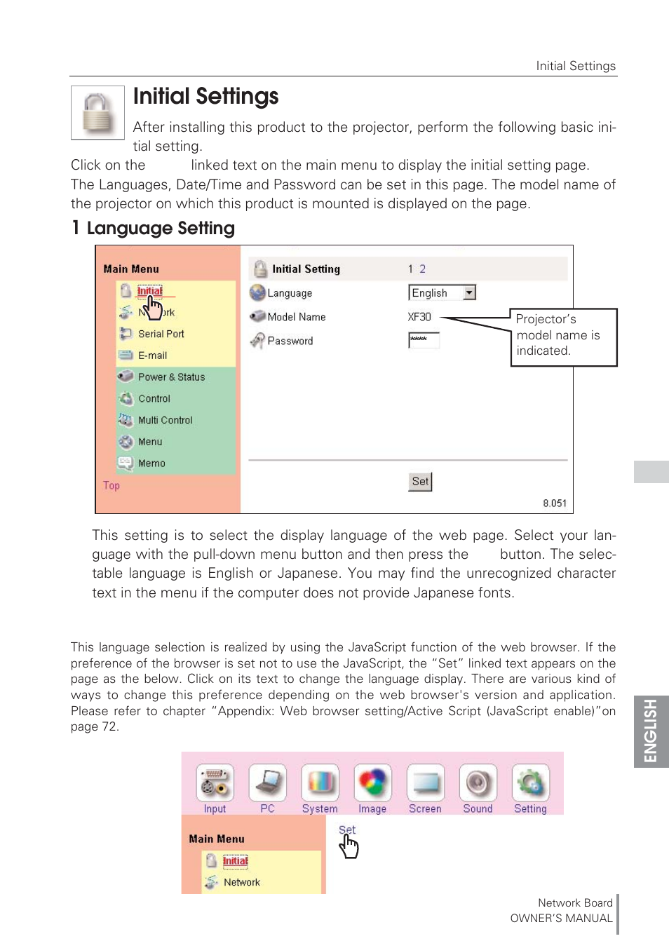 Initial settings, 1 language setting | Eiki Network Board MD13NET User Manual | Page 29 / 92