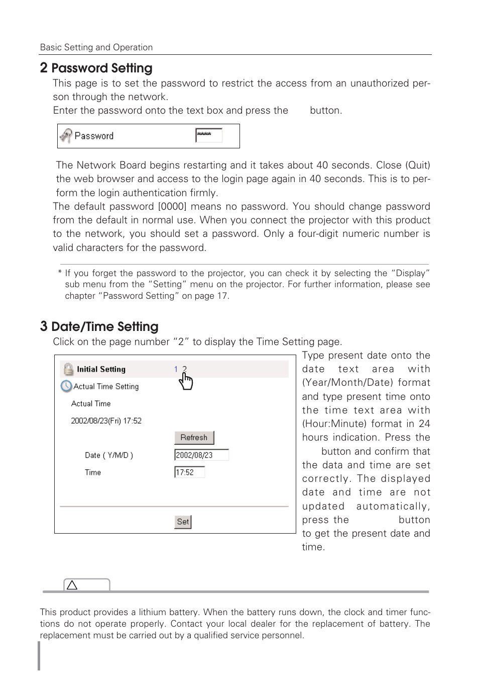 2 password setting, 3 date/time setting, 2 password setting 3 date/time setting | Password setting, Date/time setting | Eiki Network Board MD13NET User Manual | Page 30 / 92