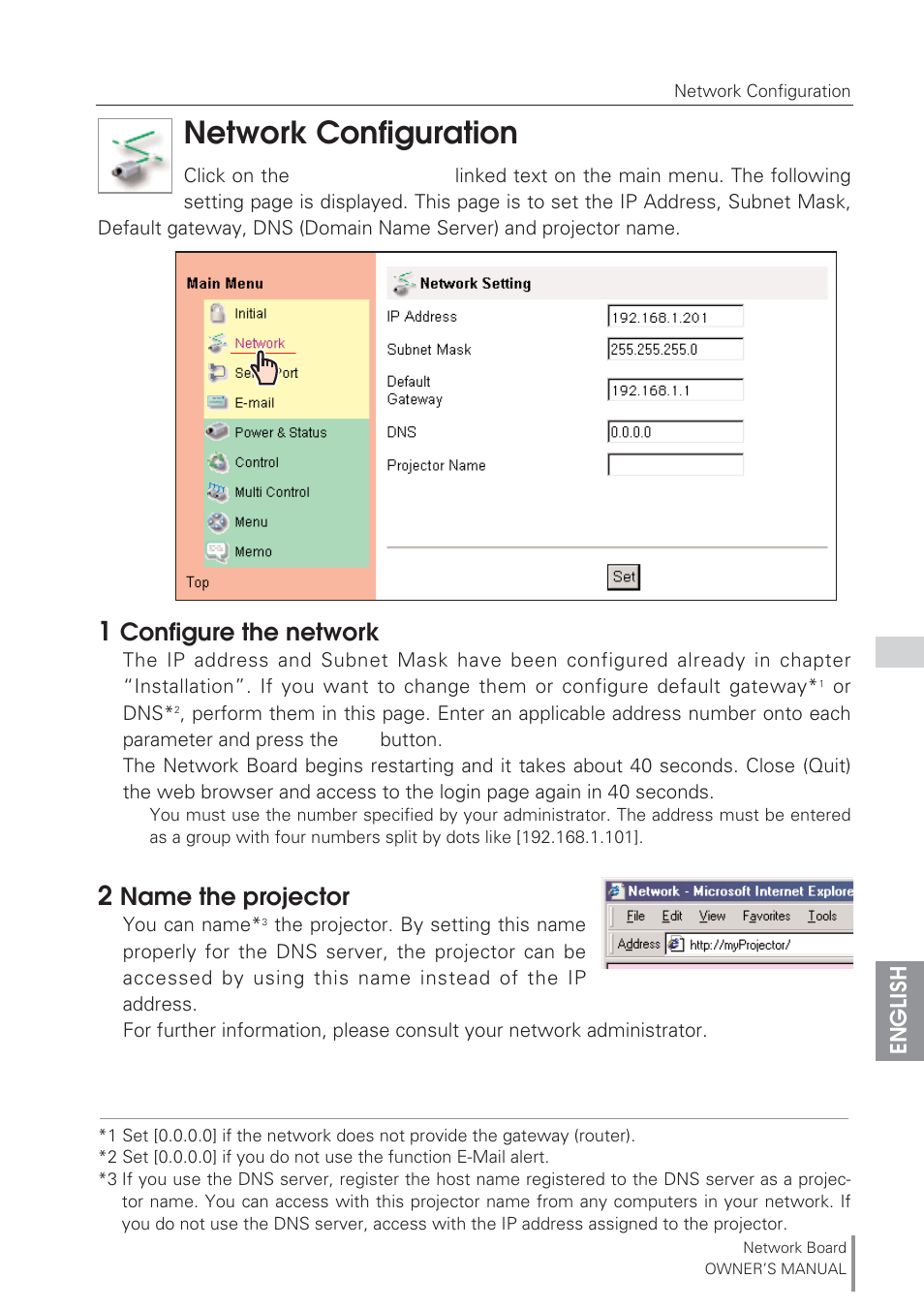 Network configuration, 1 configure the network, 2 name the projector | 1 configure the network 2 name the projector, Configure the network, Name the projector | Eiki Network Board MD13NET User Manual | Page 31 / 92