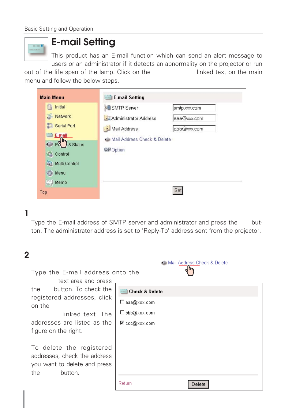 E-mail setting | Eiki Network Board MD13NET User Manual | Page 32 / 92