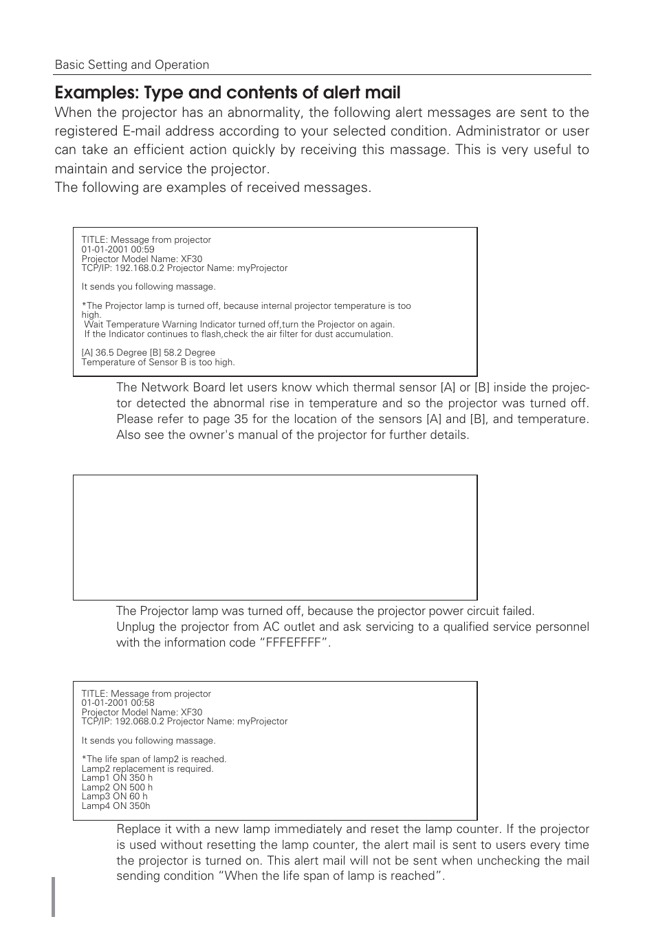 Examples: type and contents, Examples: type and contents of alert mail | Eiki Network Board MD13NET User Manual | Page 34 / 92