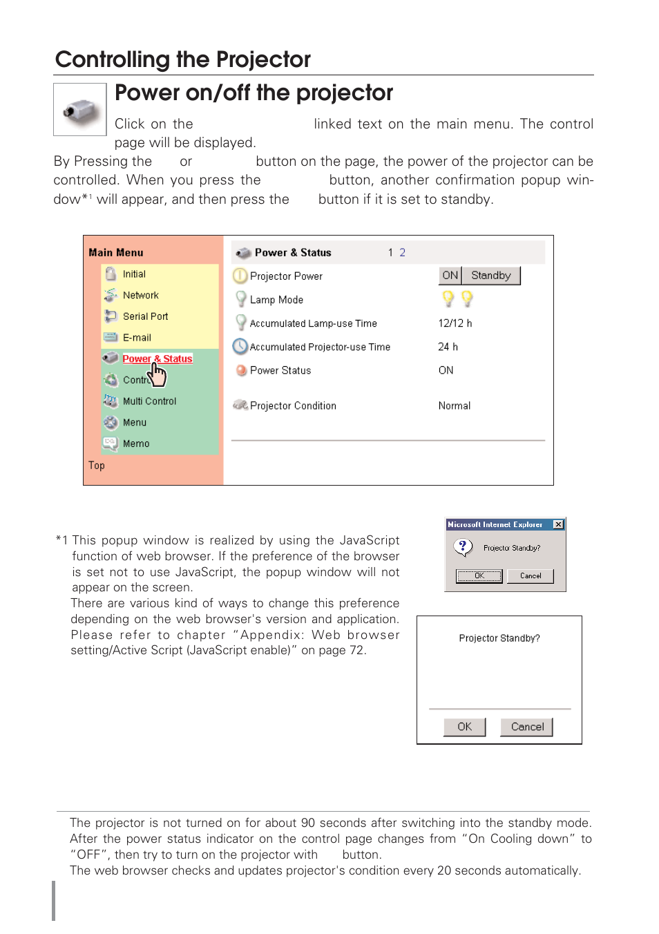 Power on/off the projector, Controlling the projector | Eiki Network Board MD13NET User Manual | Page 36 / 92