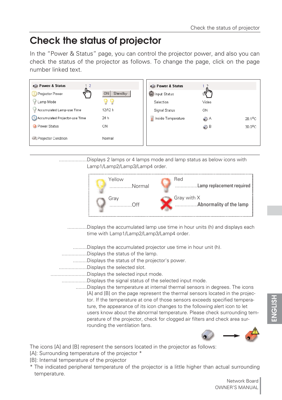 Check the status of projector, English | Eiki Network Board MD13NET User Manual | Page 37 / 92