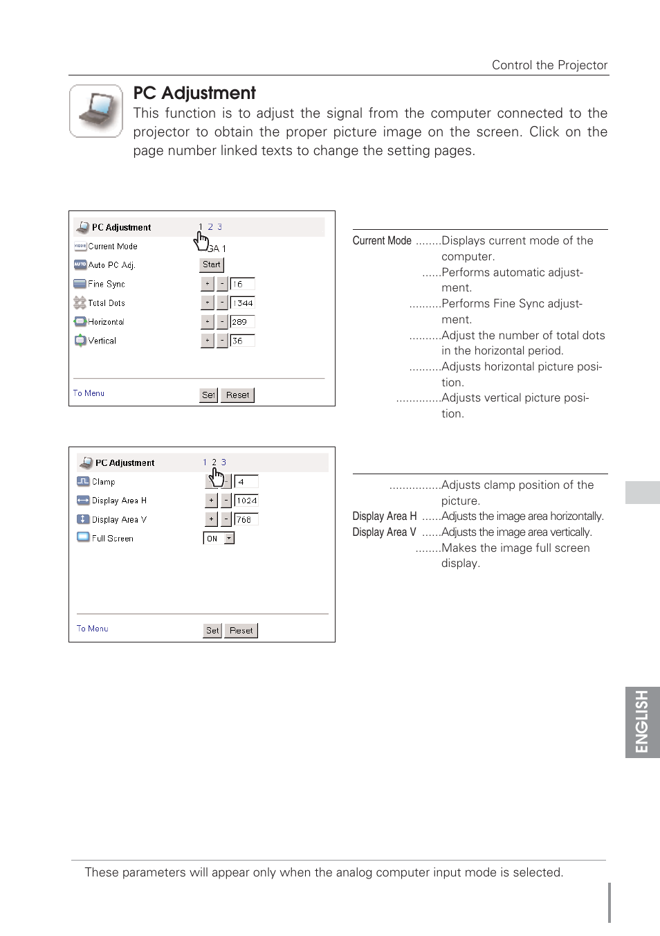 Pc adjustment, English | Eiki Network Board MD13NET User Manual | Page 39 / 92