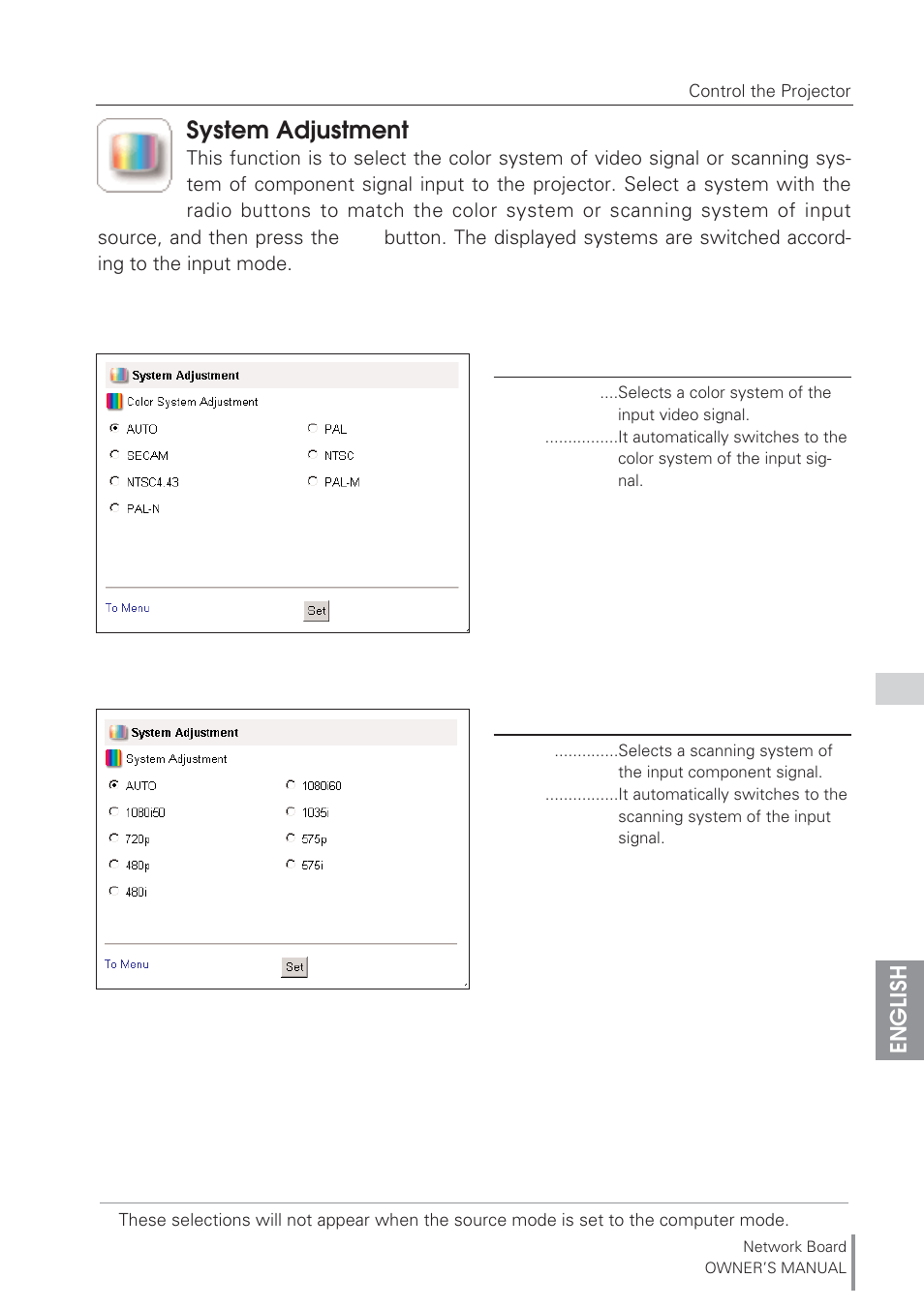 System adjustment, English | Eiki Network Board MD13NET User Manual | Page 41 / 92