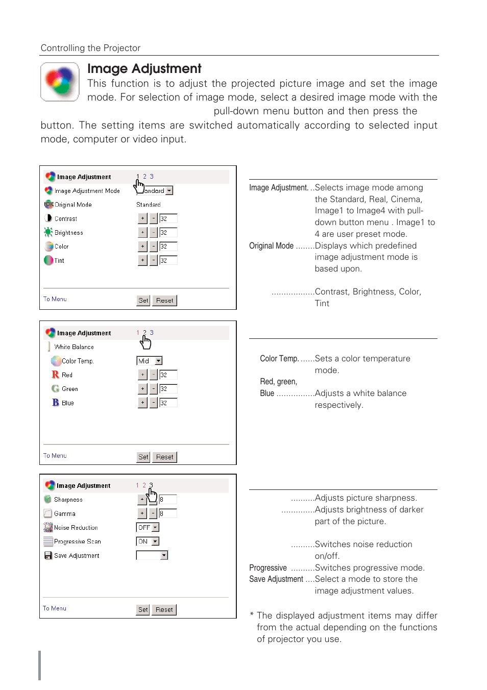 Image adjustment | Eiki Network Board MD13NET User Manual | Page 42 / 92