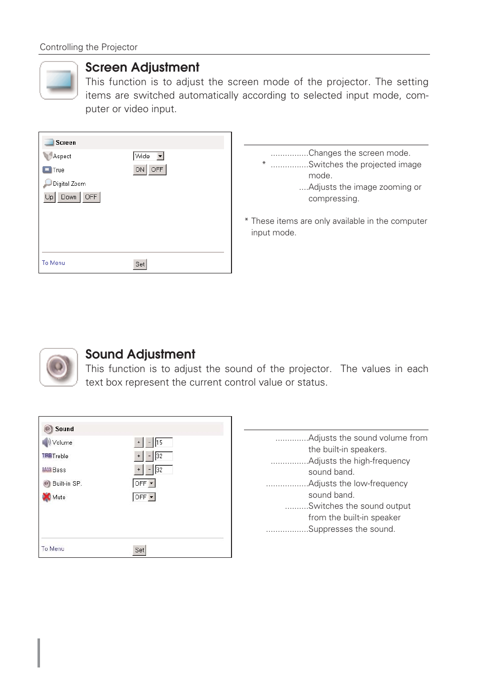 Sound adjustment, Screen adjustment, Sound adjustment screen adjustment | Eiki Network Board MD13NET User Manual | Page 44 / 92