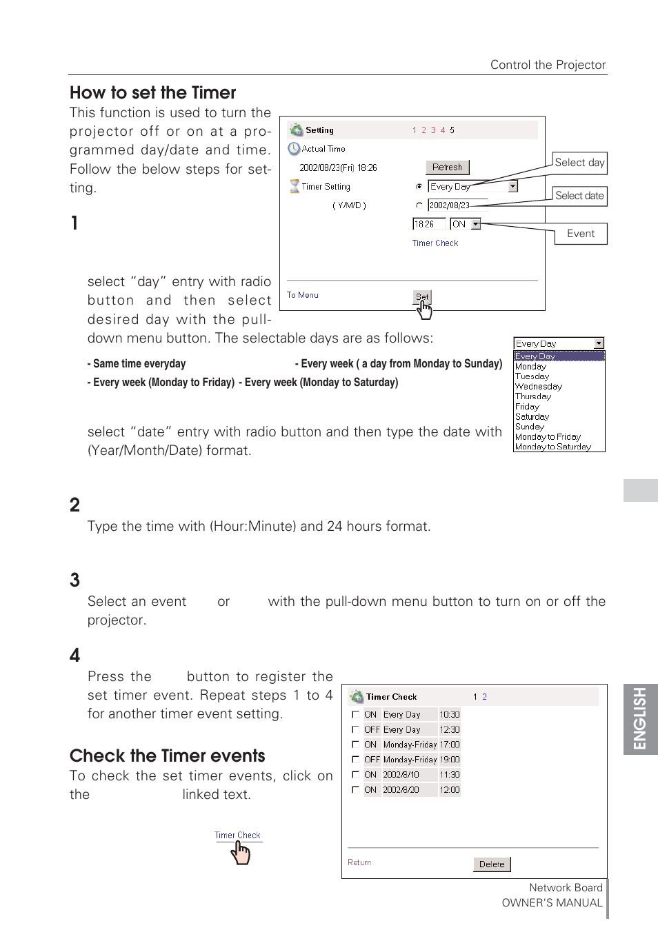 How to set the timer, Check the timer events, How to set the timer check the timer events | Eiki Network Board MD13NET User Manual | Page 47 / 92