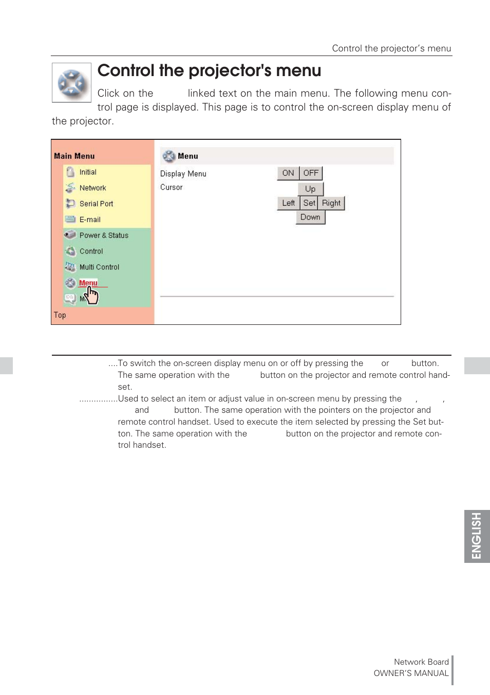 Control the projector's menu, English | Eiki Network Board MD13NET User Manual | Page 53 / 92