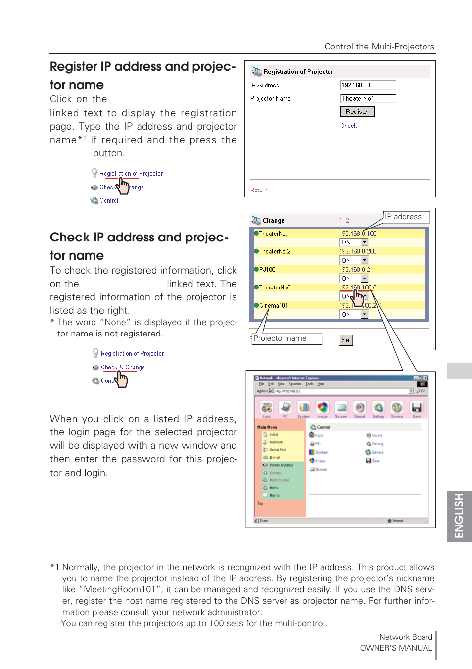 Register ip address and proj, Check ip address and project, Register ip address and projec- tor name | Check ip address and projec- tor name | Eiki Network Board MD13NET User Manual | Page 57 / 92