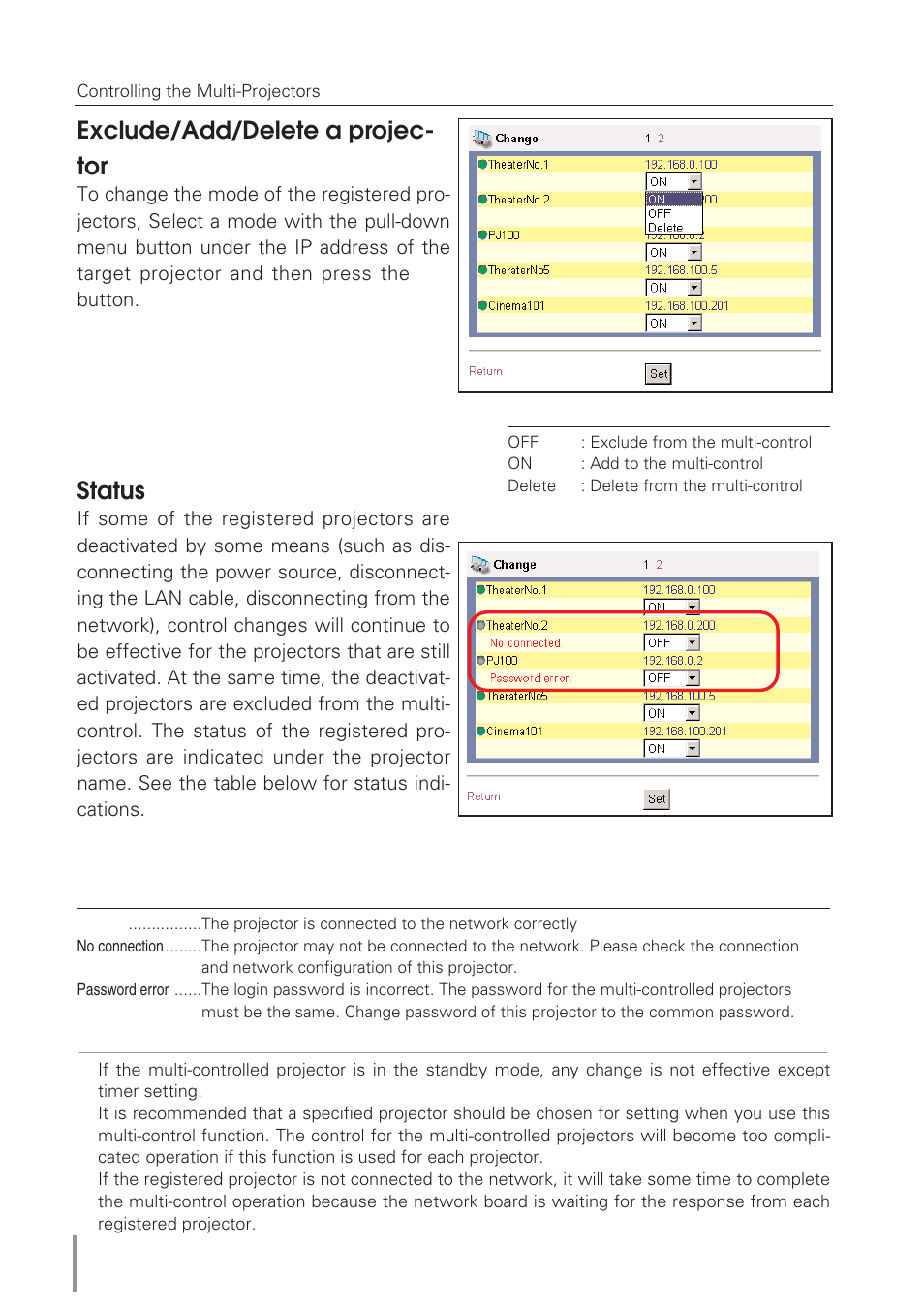 Exclude/add/delete a projector, Exclude/add/delete a projec- tor, Status | Eiki Network Board MD13NET User Manual | Page 58 / 92