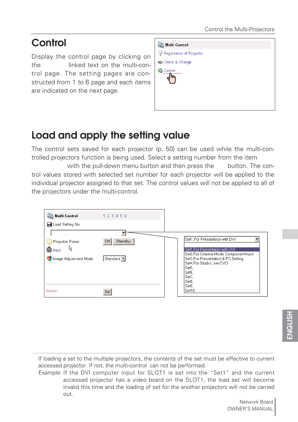 Control, Load and apply the setting v, Control load and apply the setting value | Load and apply the setting value | Eiki Network Board MD13NET User Manual | Page 59 / 92