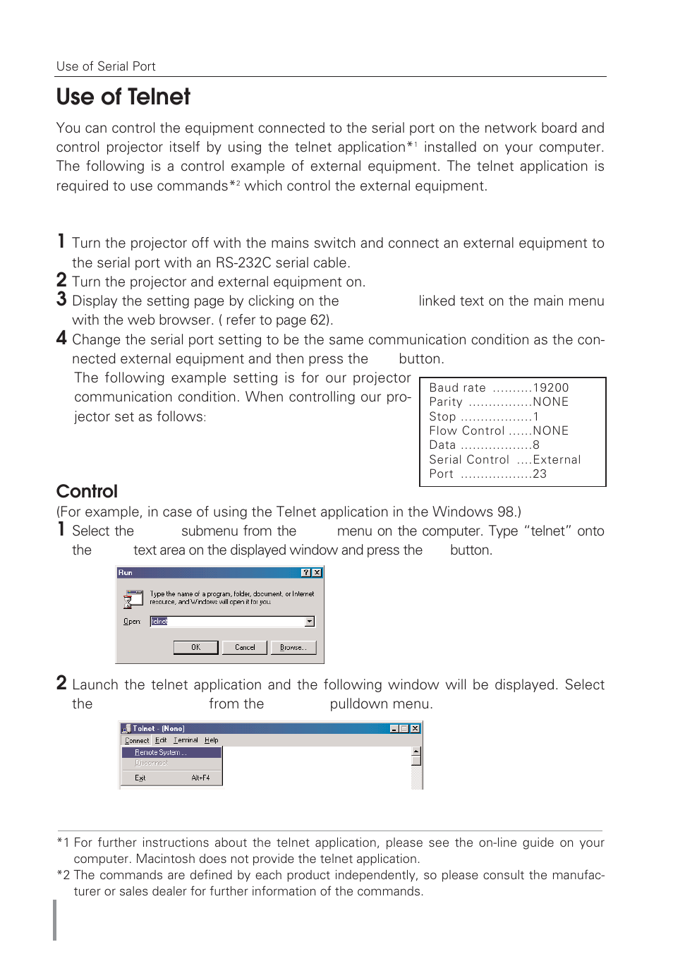 Use of telnet, Preparation 1 | Eiki Network Board MD13NET User Manual | Page 66 / 92