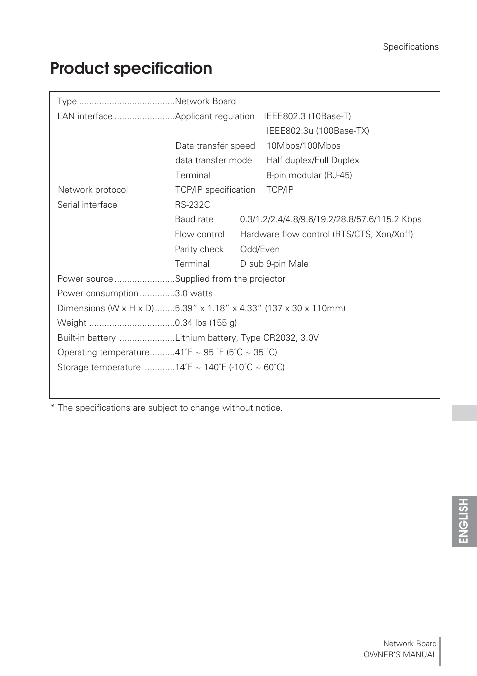 Product specification, English | Eiki Network Board MD13NET User Manual | Page 81 / 92