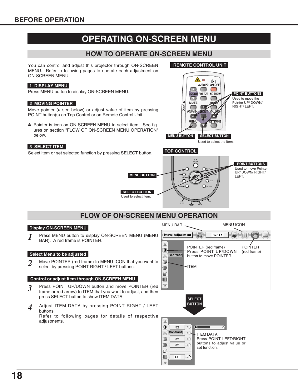 Operating on-screen menu, How to operate on-screen menu, Flow of on-screen menu operation | Before operation how to operate on-screen menu | Eiki LC-X50M User Manual | Page 18 / 56