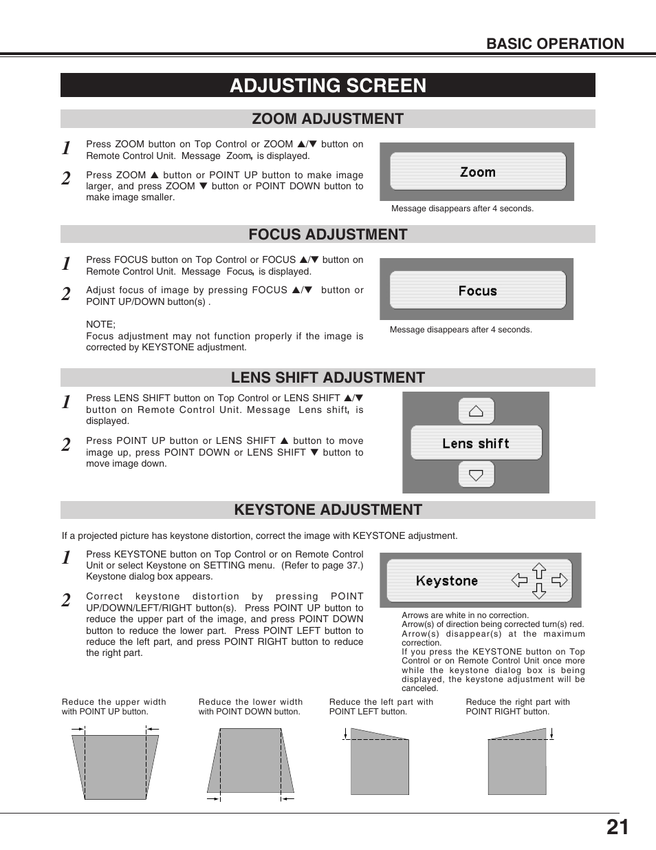 Adjusting screen, Zoom adjustment, Focus adjustment | Lens shift adjustment, Keystone adjustment, Basic operation, Zoom adjustment focus adjustment | Eiki LC-X50M User Manual | Page 21 / 56