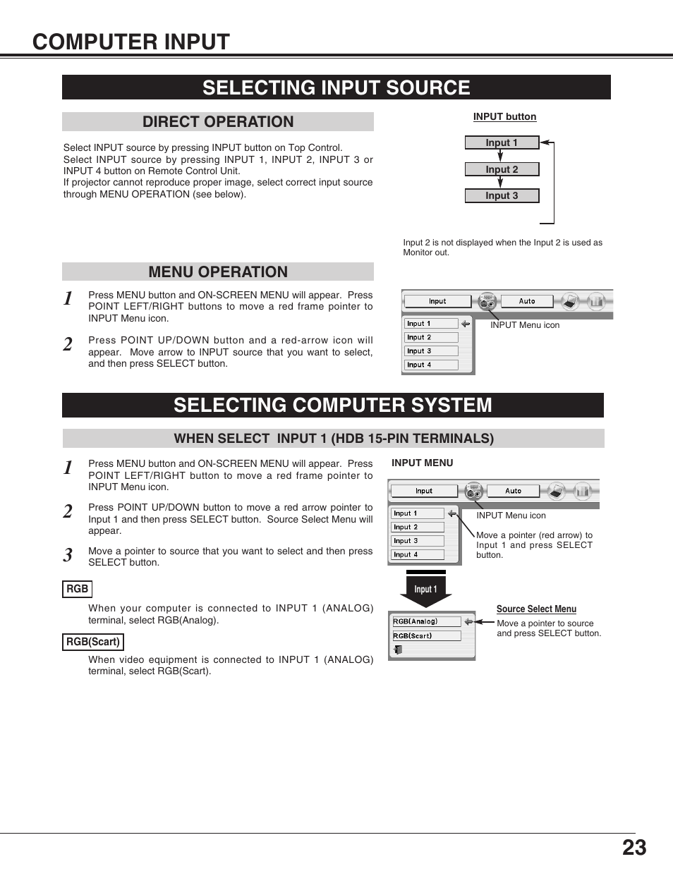 Computer input, Selecting input source, Selecting computer system | 23 computer input | Eiki LC-X50M User Manual | Page 23 / 56