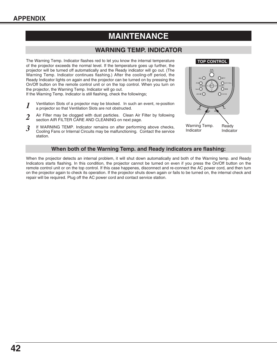 Maintenance, Warning temp. indicator | Eiki LC-X50M User Manual | Page 42 / 56