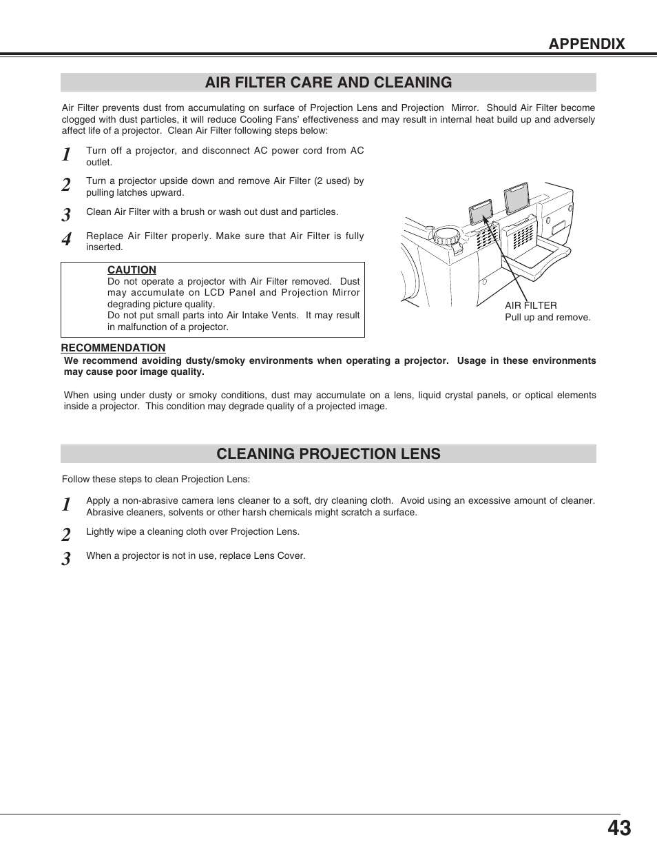 Air filter care and cleaning, Cleaning projection lens | Eiki LC-X50M User Manual | Page 43 / 56