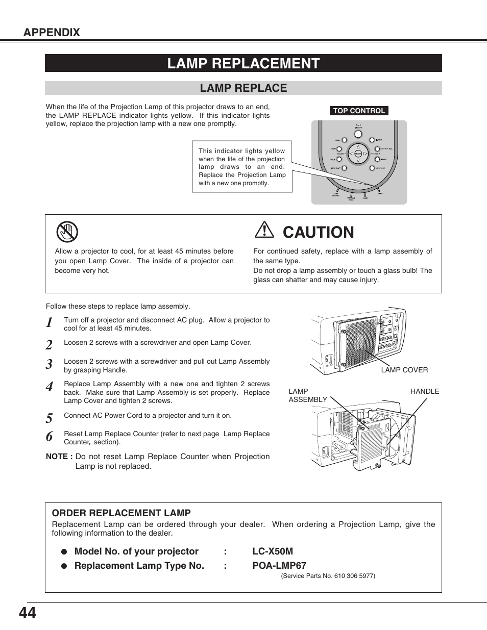 Lamp replacement, Caution | Eiki LC-X50M User Manual | Page 44 / 56