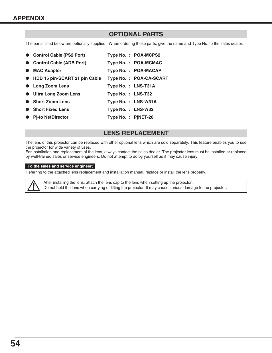 Optional parts, Lens replacement, Appendix optional parts | Eiki LC-X50M User Manual | Page 54 / 56