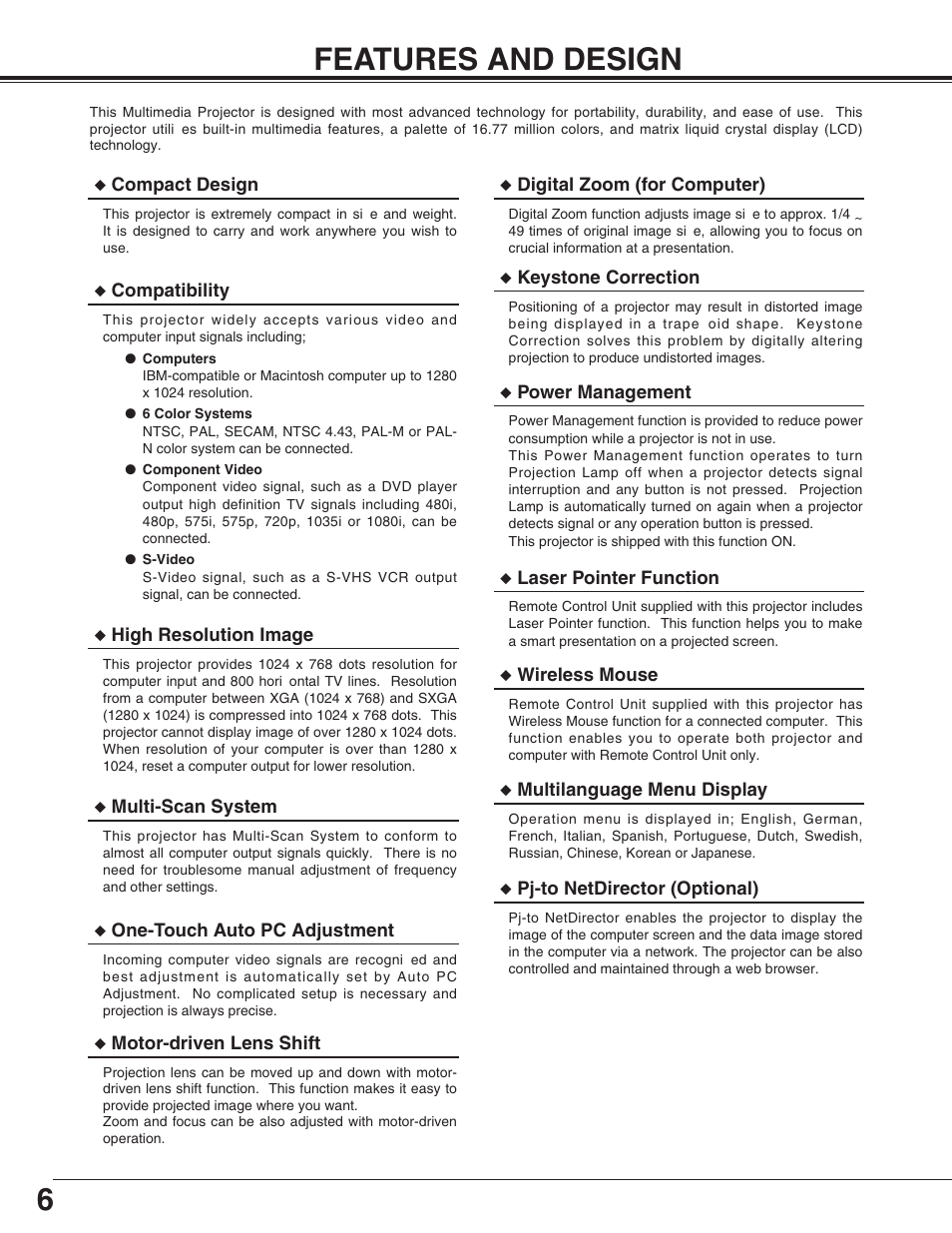 Features and design, 6features and design | Eiki LC-X50M User Manual | Page 6 / 56