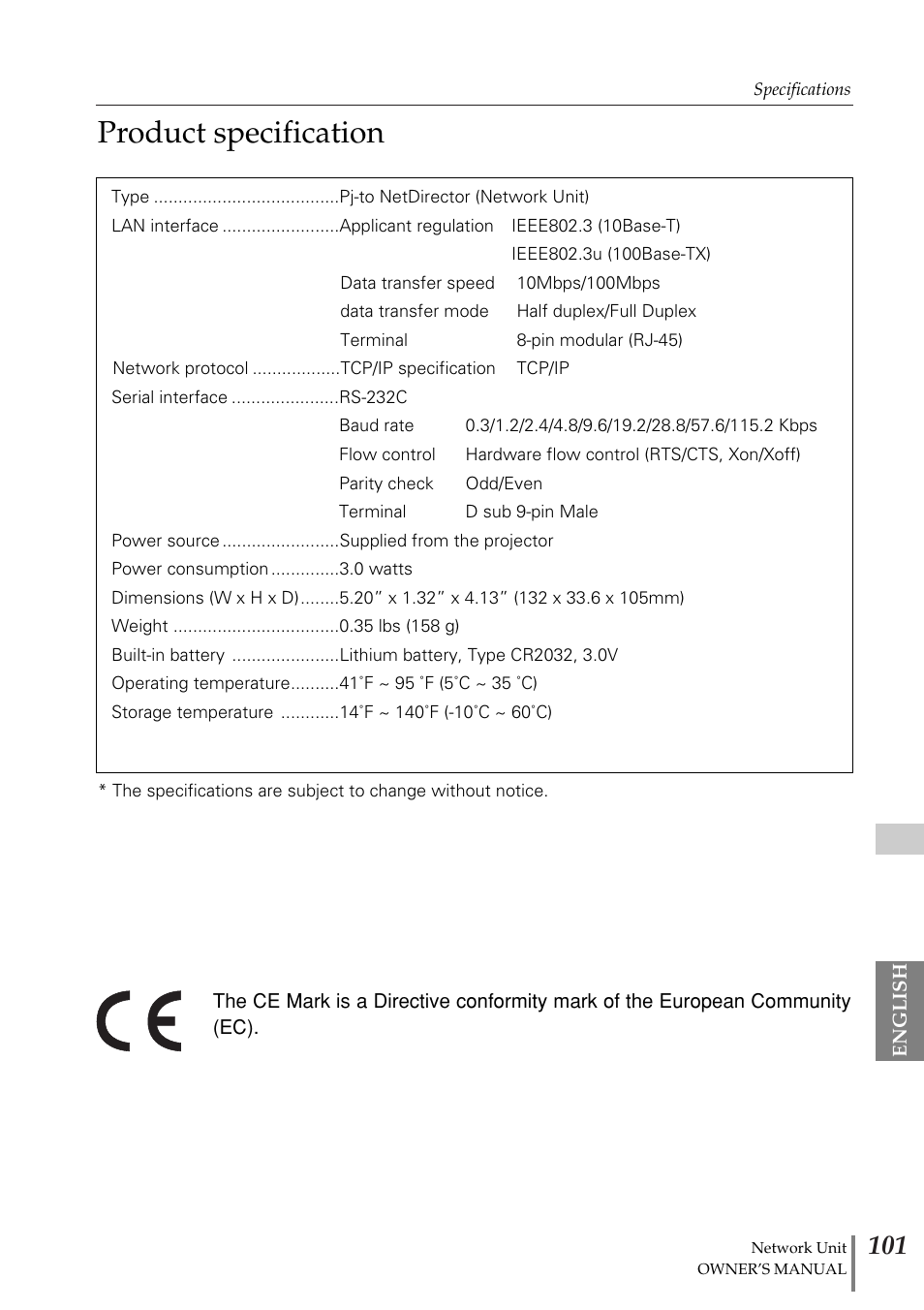 Product specification | Eiki PjNET-20 User Manual | Page 101 / 114