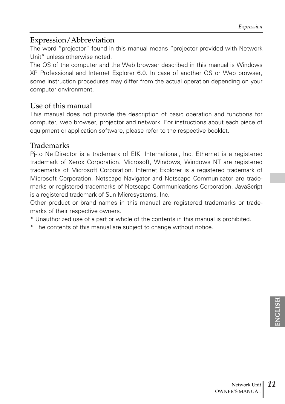 Eiki PjNET-20 User Manual | Page 11 / 114