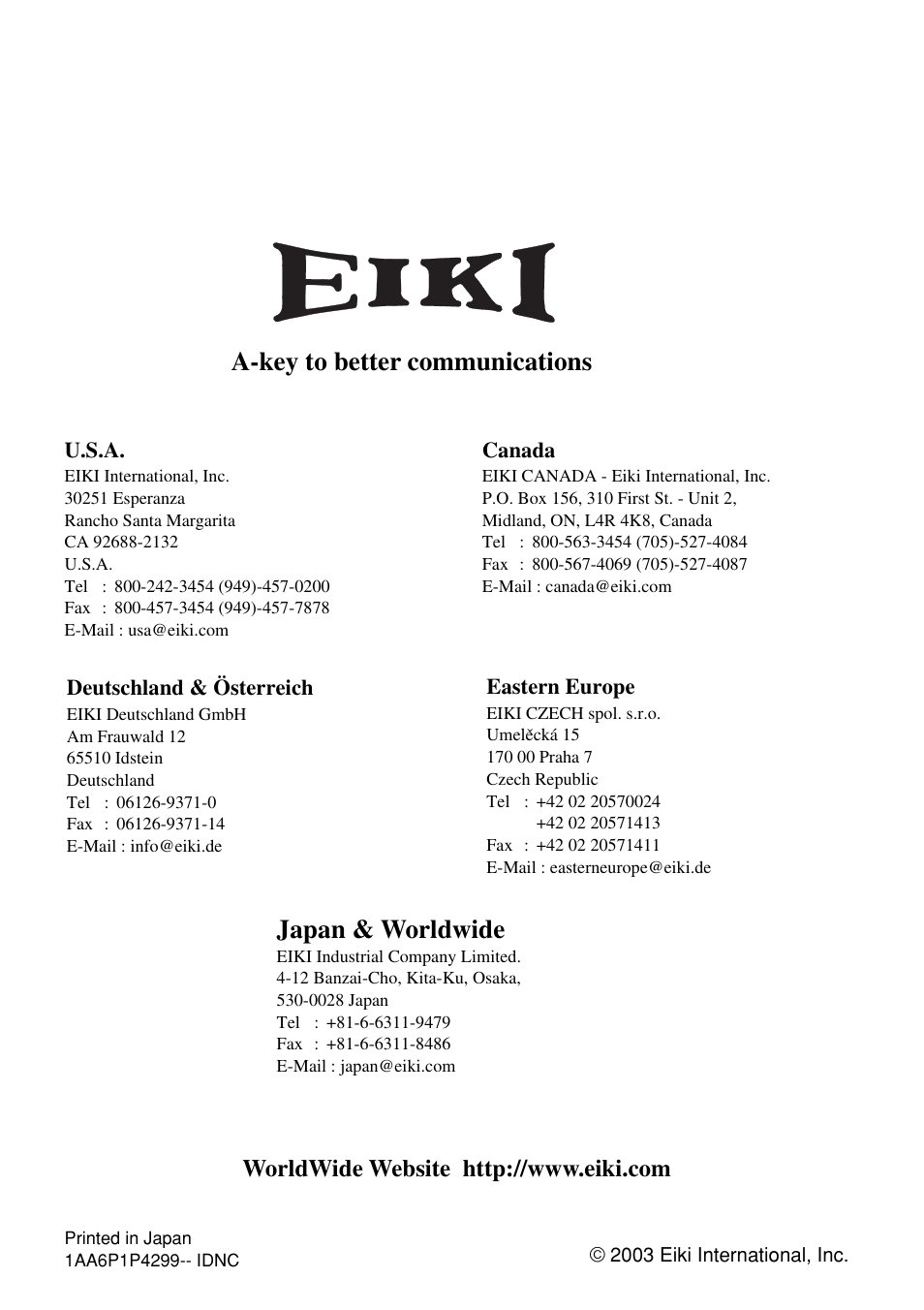 A-key to better communications, Japan & worldwide | Eiki PjNET-20 User Manual | Page 114 / 114