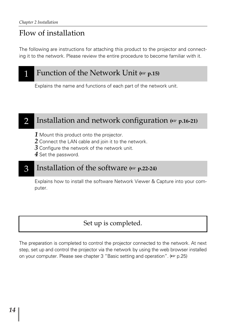 Flow of installation, Function of the network unit, Installation and network configuration | Installation of the software | Eiki PjNET-20 User Manual | Page 14 / 114