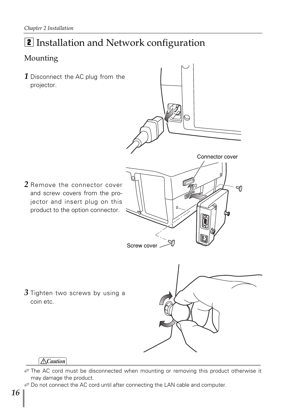 Installation and network con, Mounting, Installation and network configuration | X installation and network configuration | Eiki PjNET-20 User Manual | Page 16 / 114