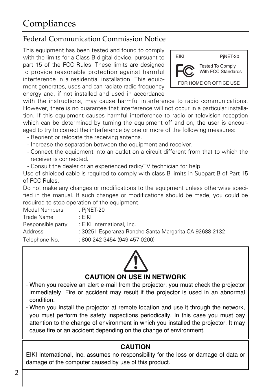 Compliances, Federal communication commission notice | Eiki PjNET-20 User Manual | Page 2 / 114