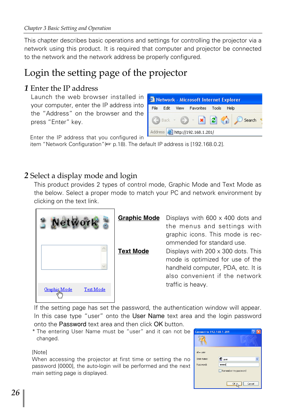 1 enter the ip address, 2 select a display mode and, Login the setting page of the projector | Eiki PjNET-20 User Manual | Page 26 / 114