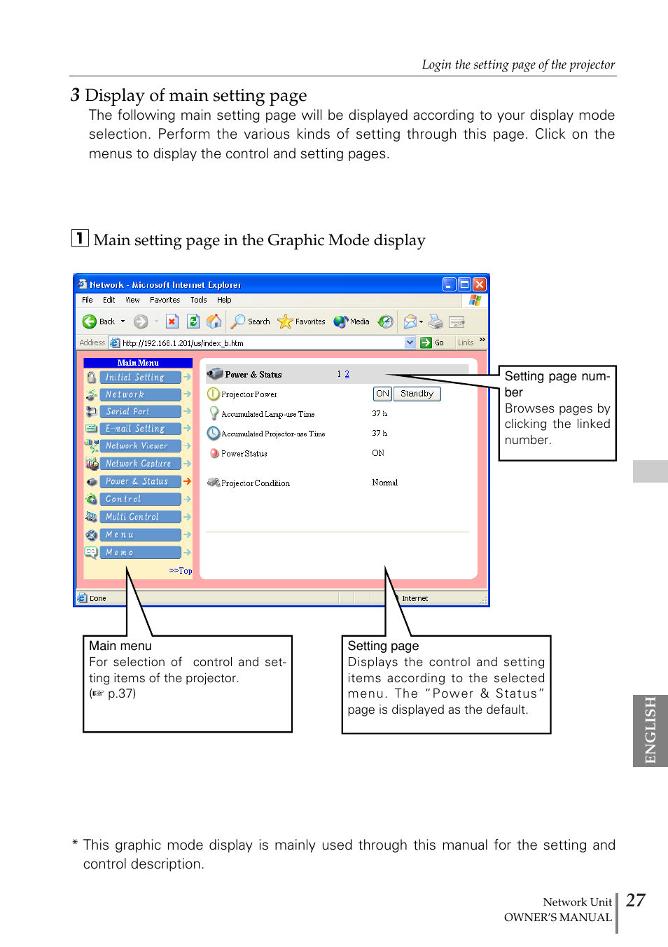 Display of main setting page | Eiki PjNET-20 User Manual | Page 27 / 114