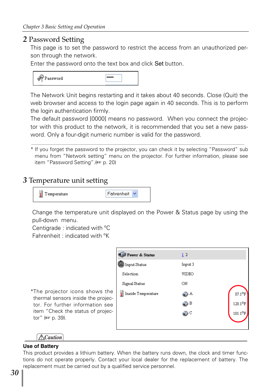 2 password setting, 3 temperature unit setting, 2 password setting 3 temperature unit setting | Password setting, Temperature unit setting | Eiki PjNET-20 User Manual | Page 30 / 114