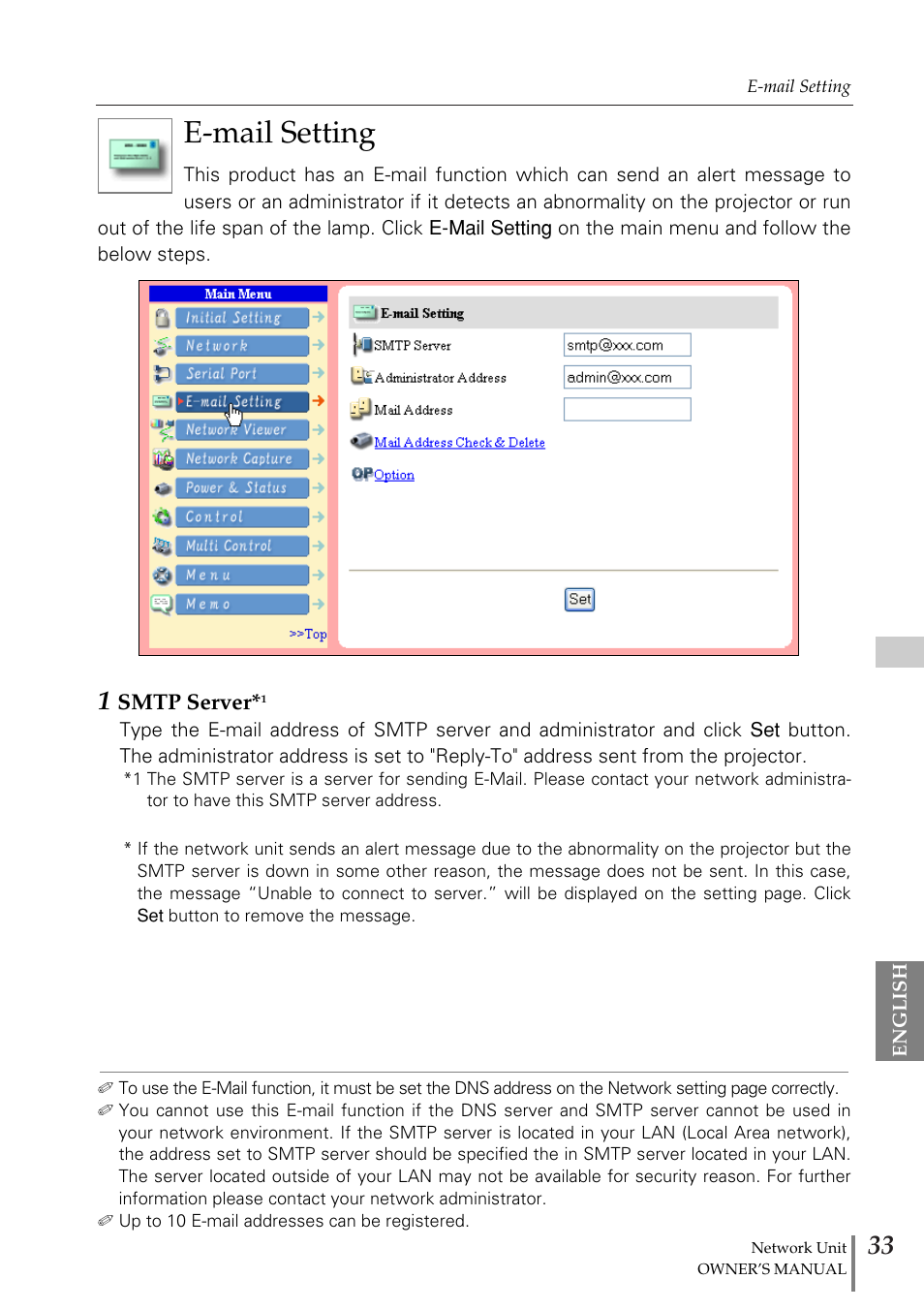 E-mail setting | Eiki PjNET-20 User Manual | Page 33 / 114